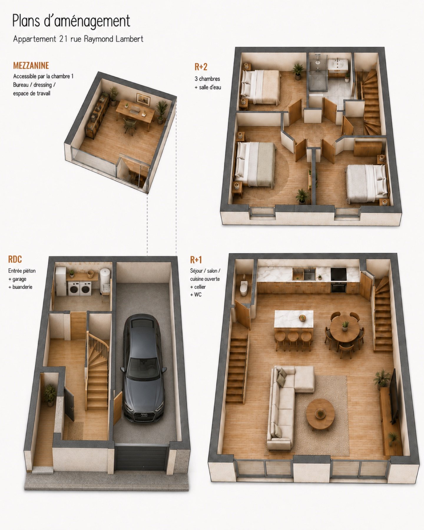 3D axonometric view of the 100 m² house: ground floor, 1st floor, 2nd floor and mezzanine