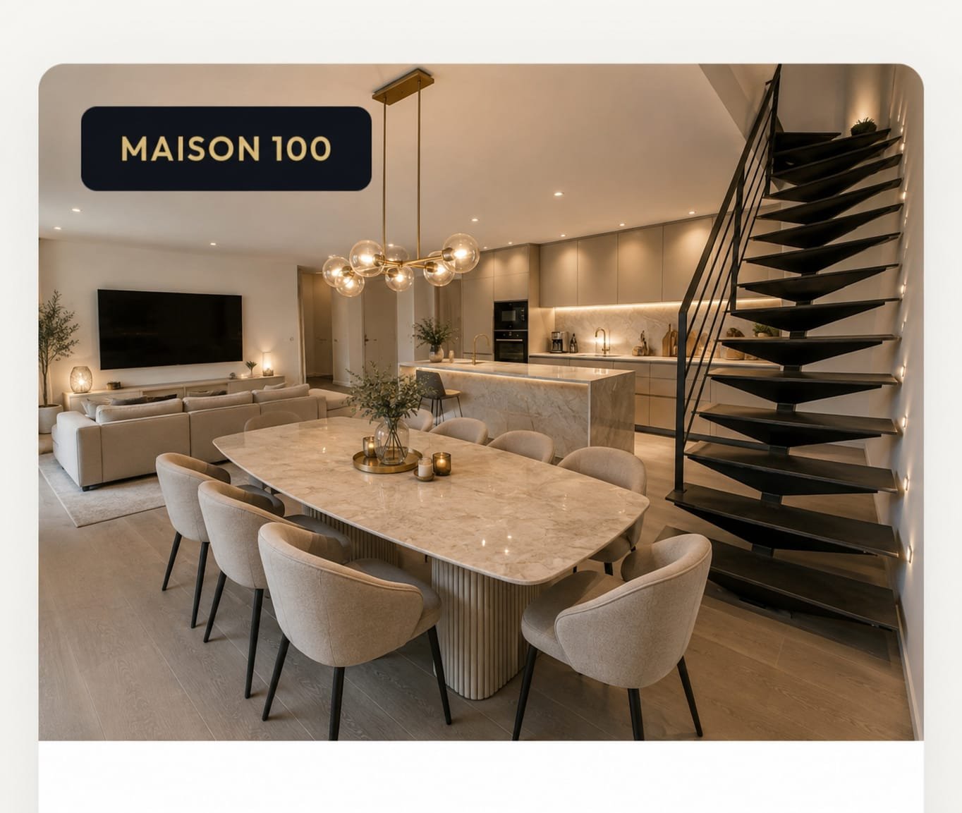 Design projection of the 100 m² house: open kitchen, living room and TV area