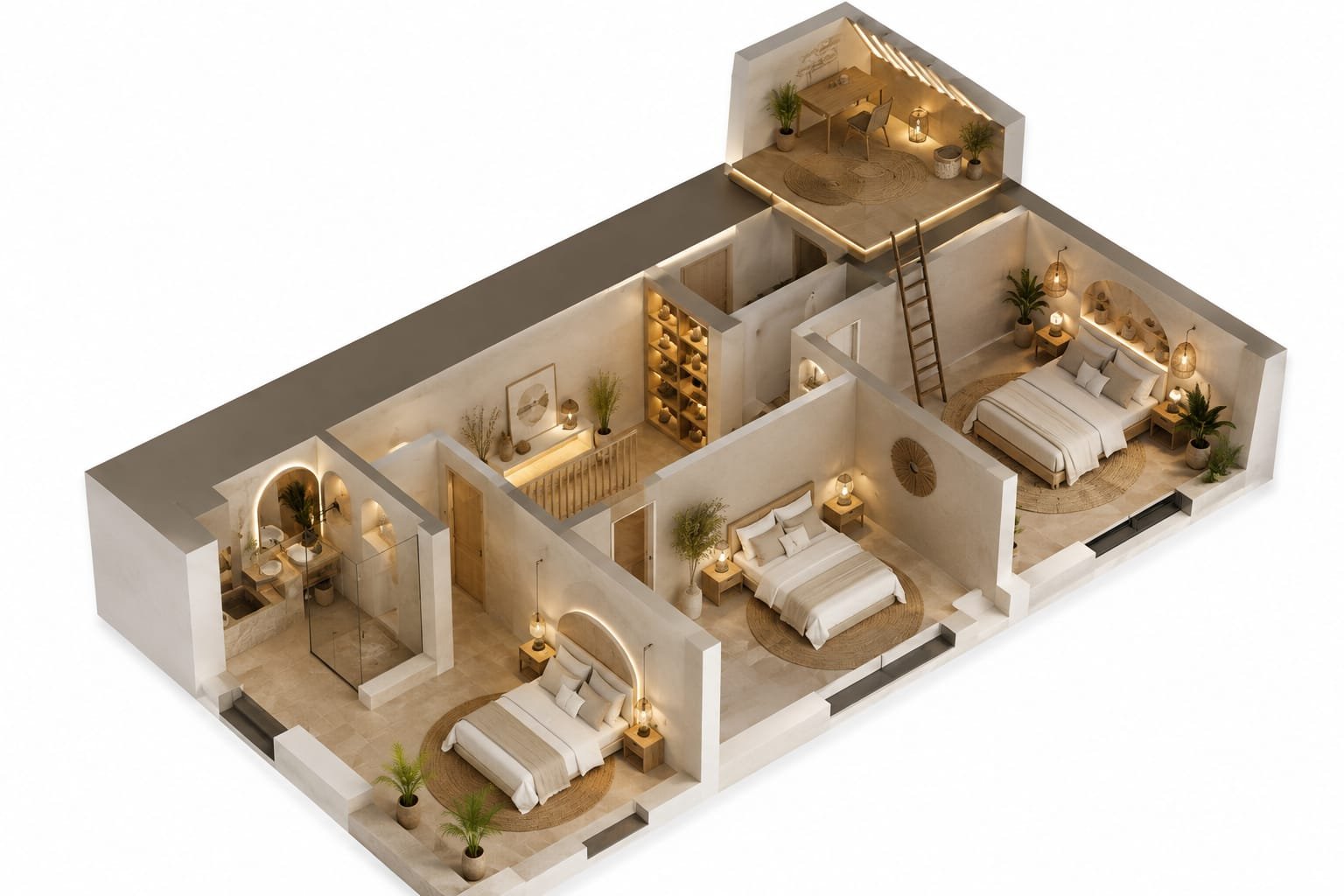 3D axonometric plan of the upper floor: master suite, 2 bedrooms, shower room and mezzanine