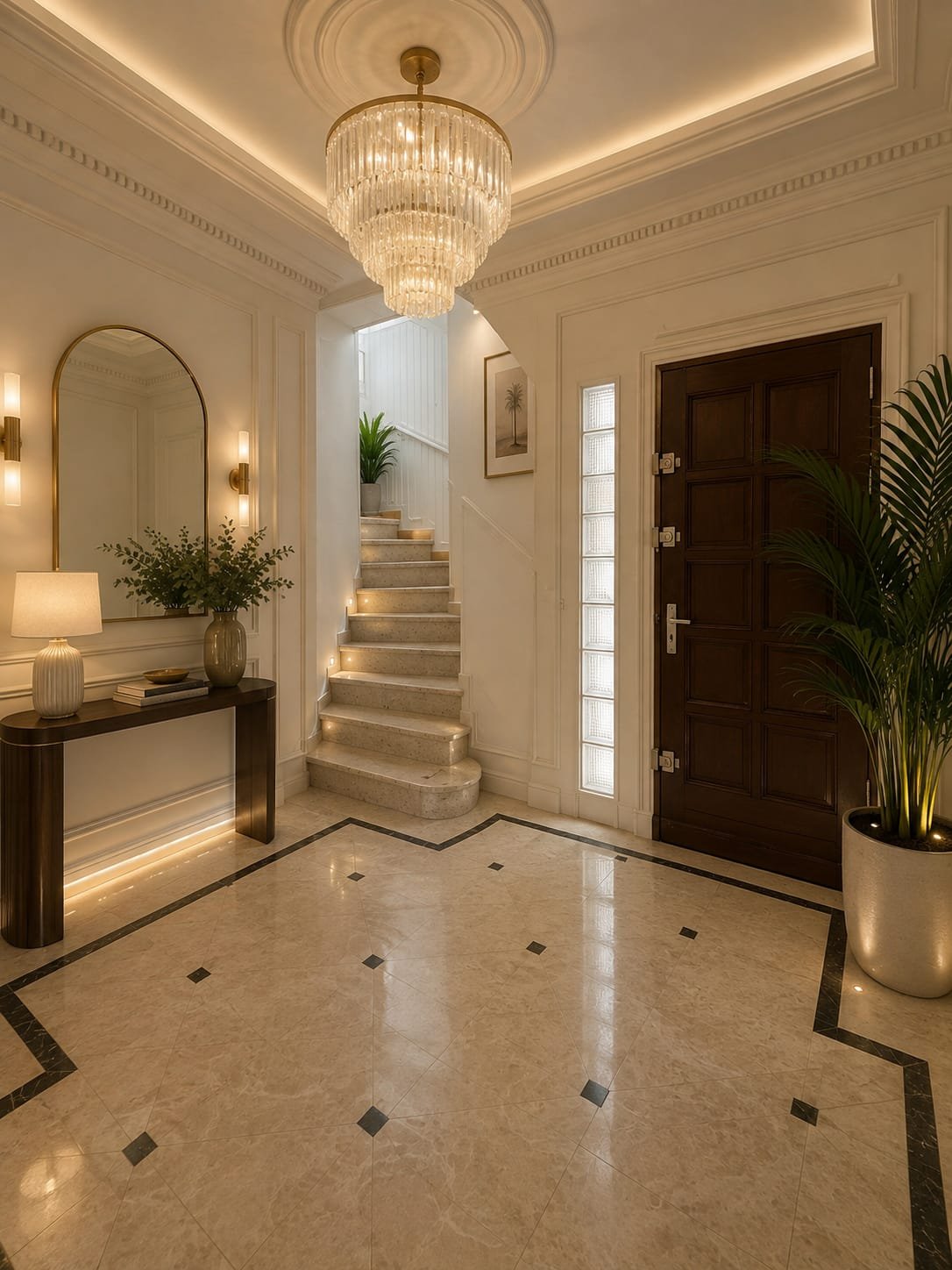 Entrance hall in wood and rattan, natural style — design projection