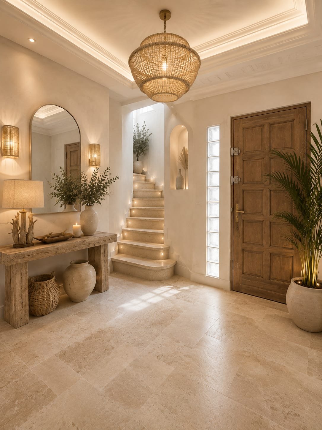 Entrance hall in wood and rattan, natural style — design projection