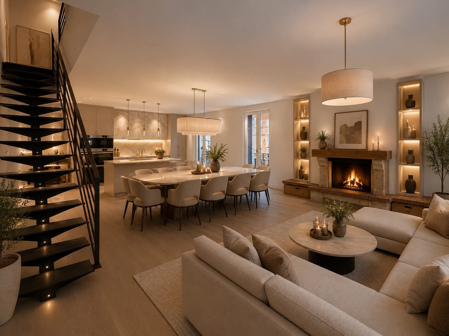 Design projection of the 125 m² house: metal staircase, open-plan living room and stone fireplace